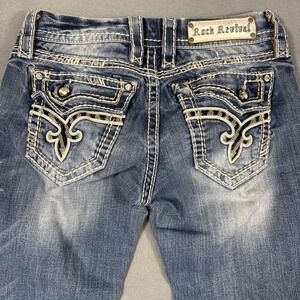 Rock Revival Women's 26  Kai  Boot Denim Jeans Rhinestone Embroidered DISTRESSED